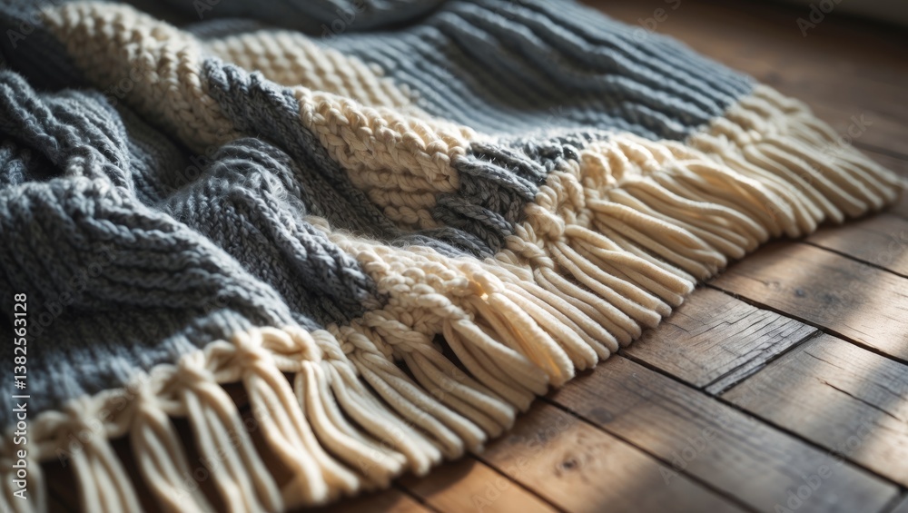 Fototapeta premium Autumn setting. Beautiful gray scarf laid out against a background. Flat lay, top view.
