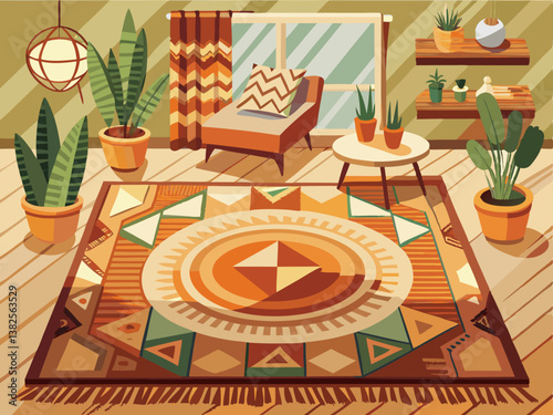 A cozy area rug in warm earth tones with geometric patterns, placed on a light-colored floor background.