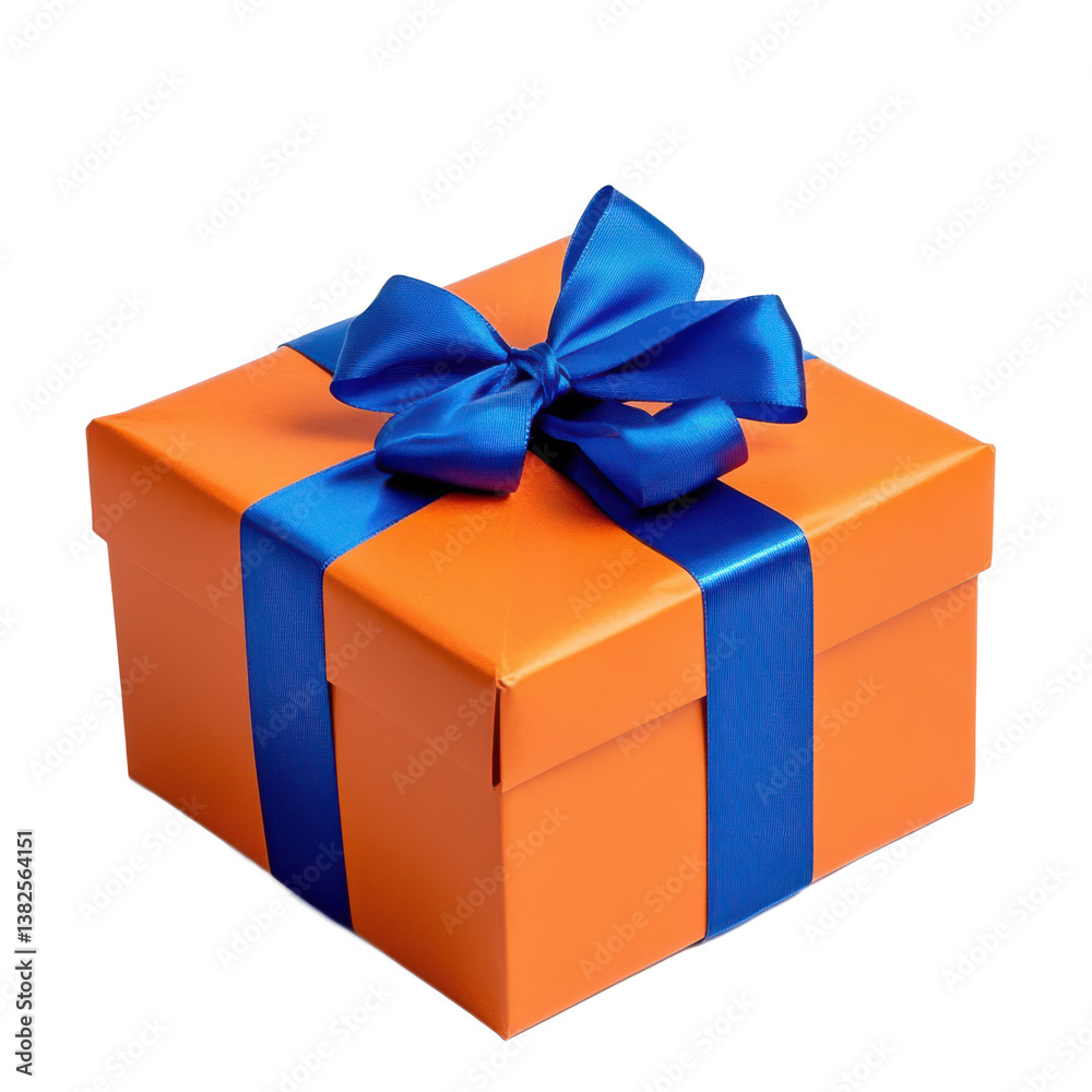 Obraz premium An orange gift box with a blue ribbon in a minimalistic and elegant composition with transparent background