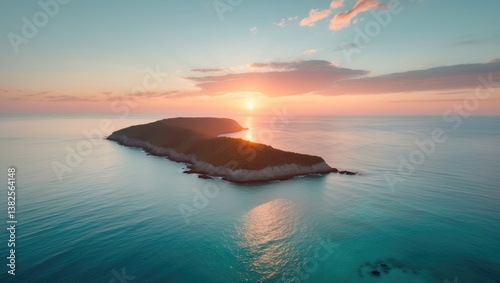 Golden sunset above tropical islands silhouette. Ideal wild nature landscape, travel backdrop. Aerial view drone image.