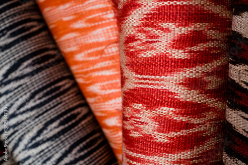 Closeup of T'nalak clothes in various colors and design patterns made from quality Abaca plant fiber, hand crafted by indigenous people in the south of the Philippines, Lake Sebu & T'boli. Animal free