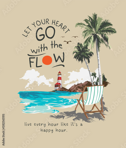 typography slogan with beach view and palm trees vector illustration drawn by hand