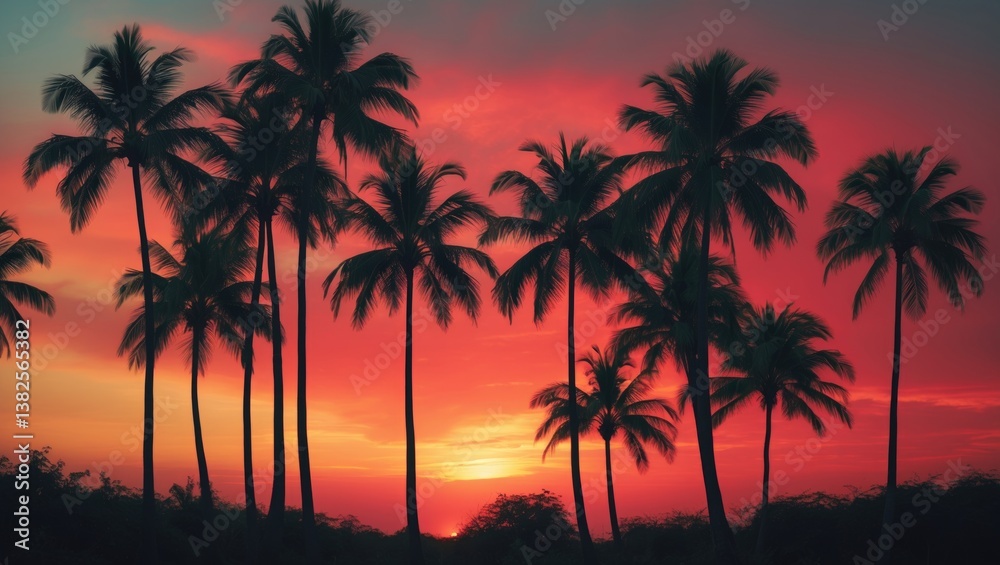 Coconut palms on sandy beach in tropics during sunset. Coconut palms on sandy beach in tropics during sunset.
