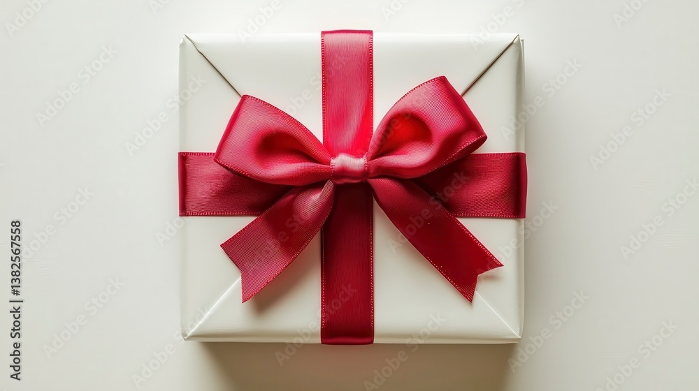 White Gift Box with Red Ribbon, Flat Lay White Gift Box with Red Ribbon, Flat Lay