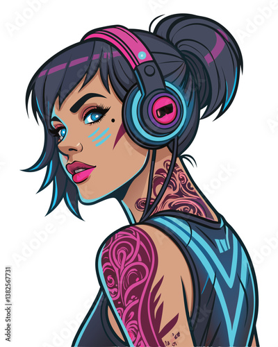 Create a bold, vector illustration of a cyberpunk anime woman with vibrant, contrasting colors and strong linework.  Emphasis on dynamic poses and futuristic details.