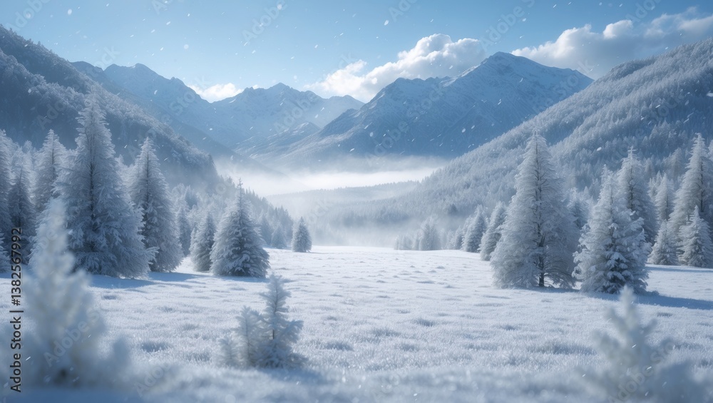 Obraz premium Stunning winter landscape featuring fresh powder snow. Scenic view with spruce trees, a blue sky illuminated by sunlight, and majestic mountains in the distance.