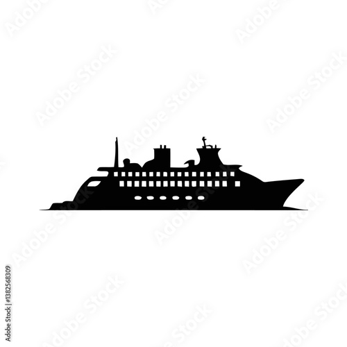A black and white vector silhouette of a ferry with visible windows and smokestack features on a white background