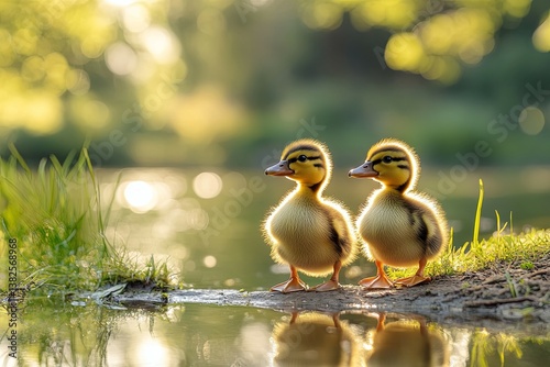 Two Fluffy Baby Ducks Stand By Water On Sunny Day