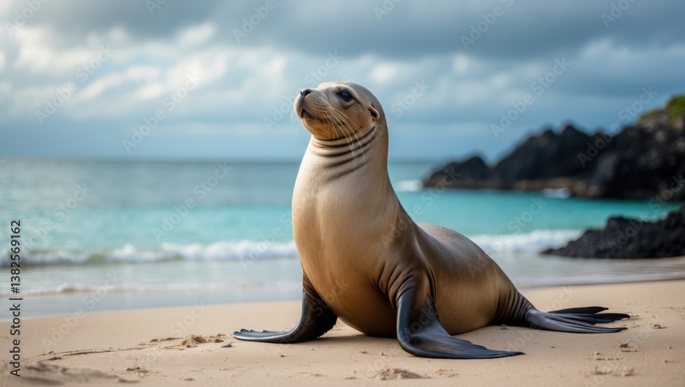 Obraz premium Galapagos Sea Lion resting in the sand on the beach. Adorable animals.