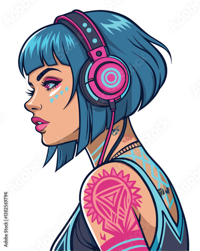 Create a vector illustration of a bold, cyberpunk-style anime woman with strong lines and vibrant colors.  Focus on dynamic posing and detailed clothing.
