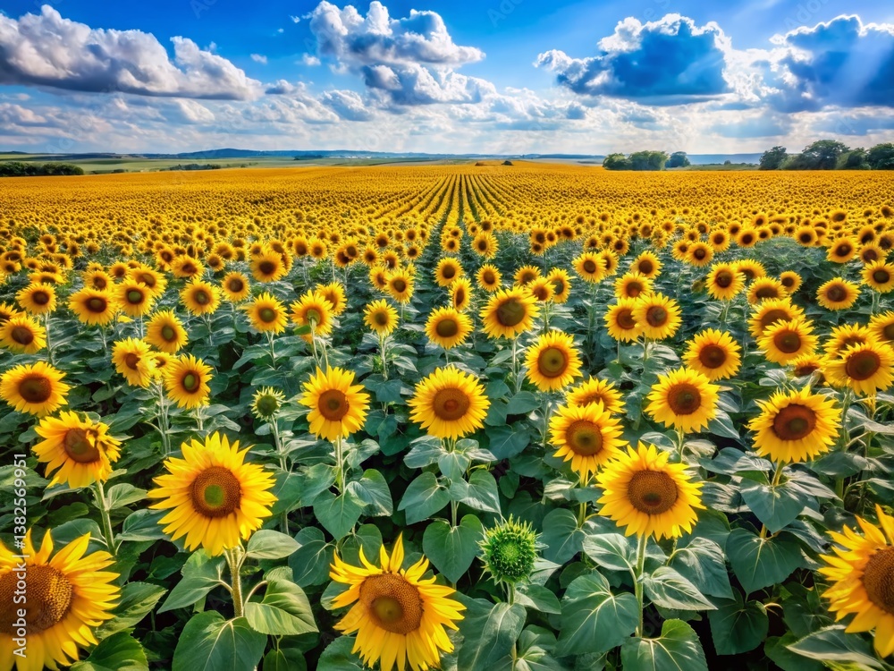 Obraz premium Aerial View of Sunflowers Blooming in a Farm Field Under a Vivid Blue Sky - Seeds & Oil Production