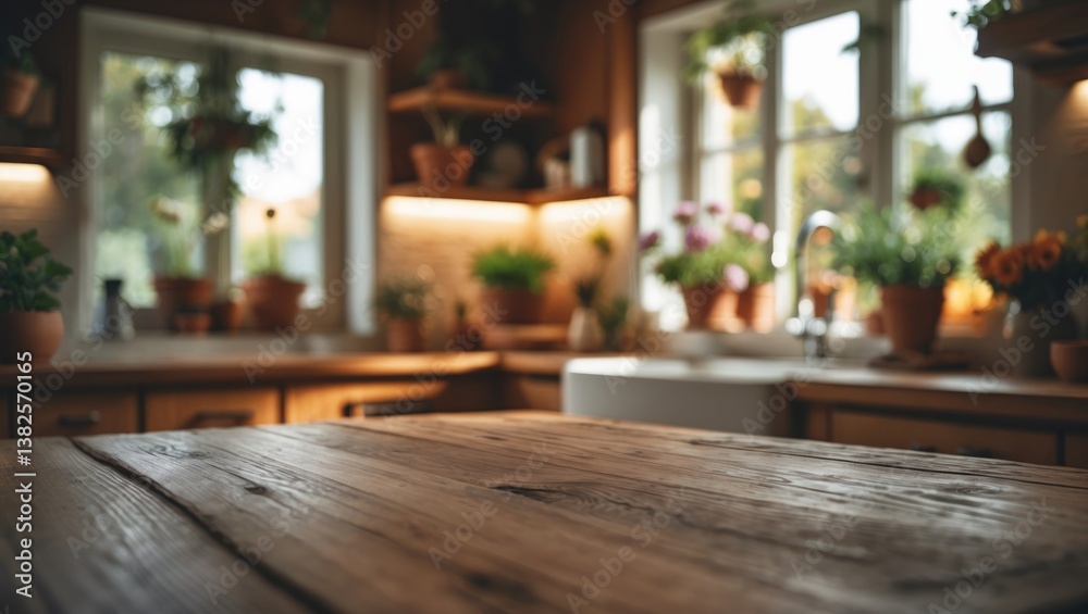 Green vacant wooden table with the bright white kitchen interior blurred in the background under sunlight. Green vacant wooden table with the bright white kitchen interior blurred in the background under sunlight.