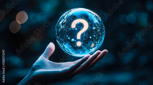 A human hand holds a glowing question mark. The concept symbolizes curiosity, artificial intelligence, and the quest for answers in the digital age. Generative AI.