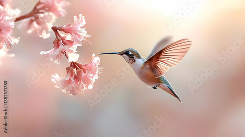 Hummingbird Feeding on Pink Blossoms