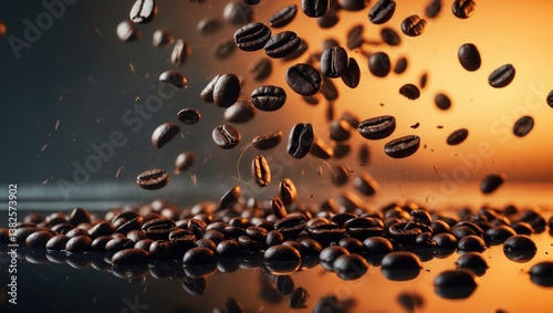 coffee beans on a dark surface with a glow