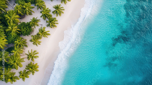 Aerial view of a tropical beach with palm trees and clear blue water.