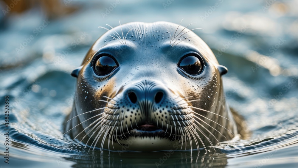Fototapeta premium Close-up image of seal in the water. Adorable marine animal with a humorous expression and large black eyes.