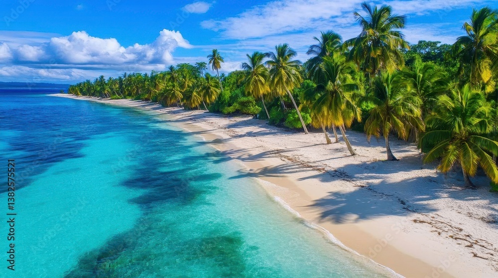 Fototapeta premium Tropical Beach Paradise: Palm Trees & Turquoise Water - Aerial Views