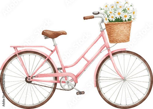 Romantic Vintage Bicycle with Floral Basket - Watercolor Illustration Element.