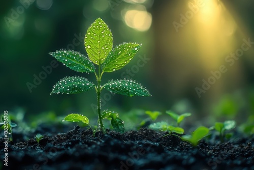 A close-up view of a young plant with water droplets in a forest during morning sunlight