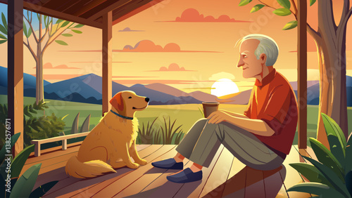 Elderly man sits with his golden retriever. Senior man relaxing on porch with dog at sunset. Content man and dog enjoy quiet evening.