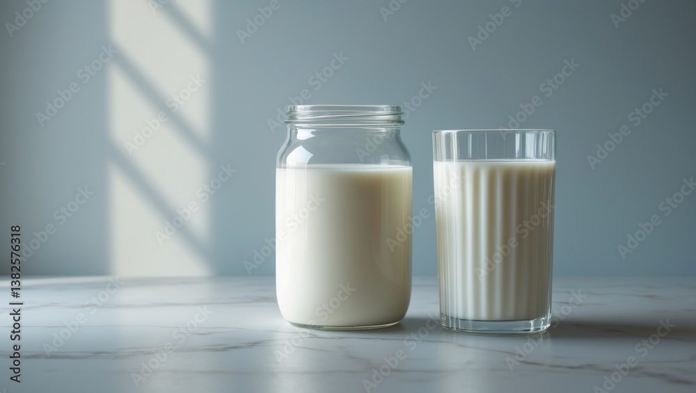 Fresh milk in a glass with a milk bottle in the background