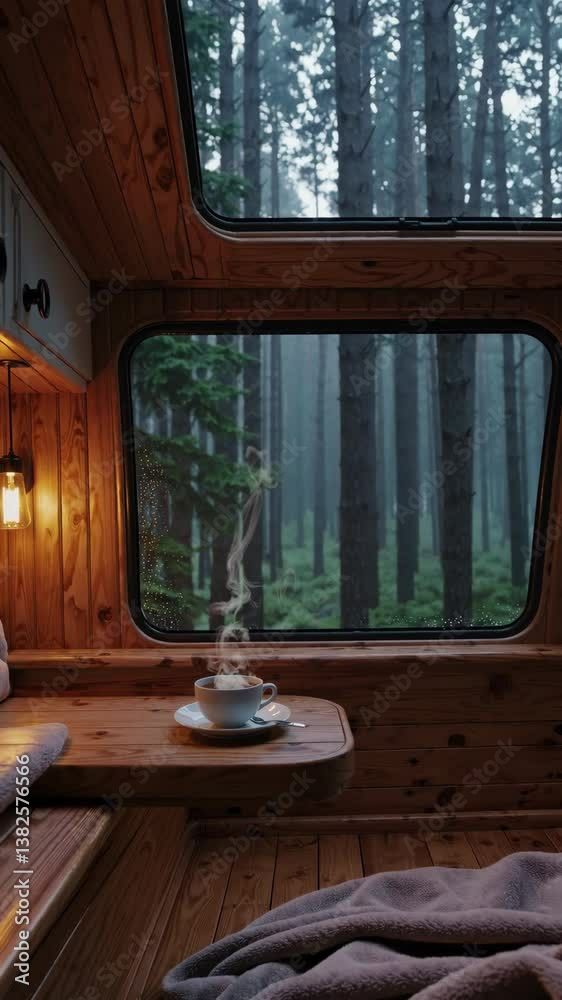 Steaming coffee cup in cozy camper van during rainfall in forest Steaming coffee cup in cozy camper van during rainfall in forest