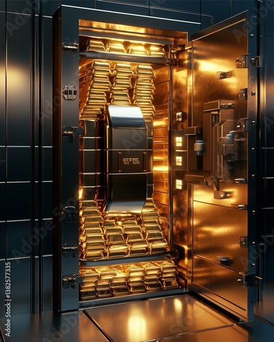 Vault of Riches: A meticulously crafted image of an open bank vault, brimming with stacks of gleaming gold bars, reflecting the opulence and security