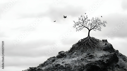 Lonely Tree on a Hilltop Under a Cloudy Sky