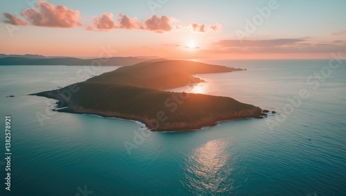 Golden sunset over tropical islands silhouette. Ideal wild nature landscape, travel backdrop. Aerial view from a drone.