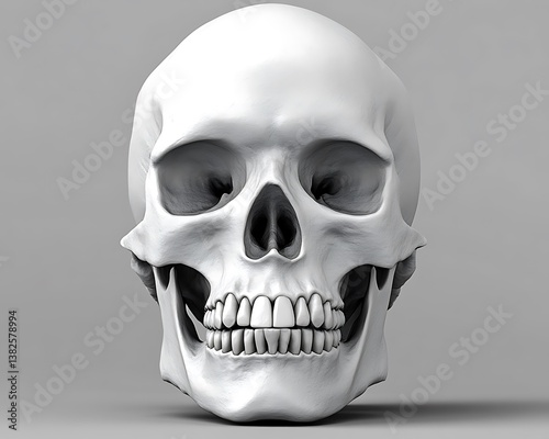 A frontal view of a detailed and rendered human skull