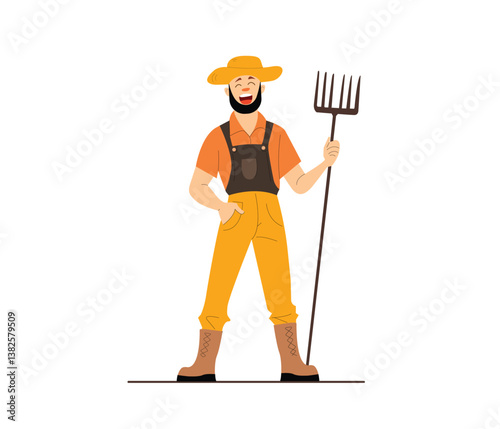 PrintSmiling Farmer Holding a Pitchfork – Flat Design Illustration
