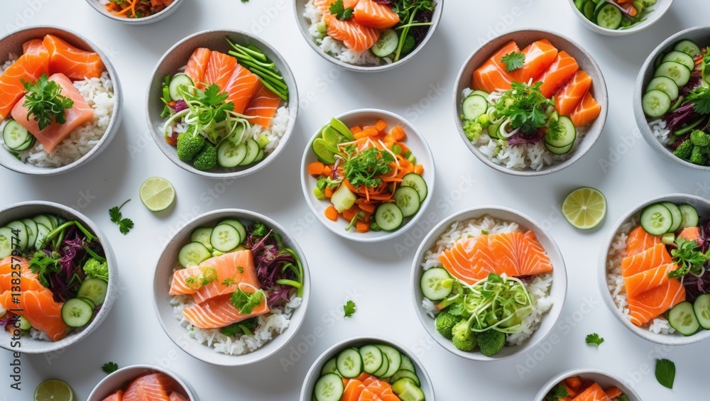 Collage of various poke bowls placed on a white background. Collage of various poke bowls placed on a white background.