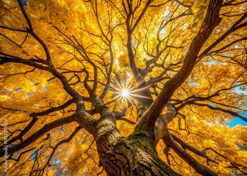 Autumn Leaves Canopy, Urban Exploration Photography, Yellow Fall Foliage, Overhead View, Tree Branches