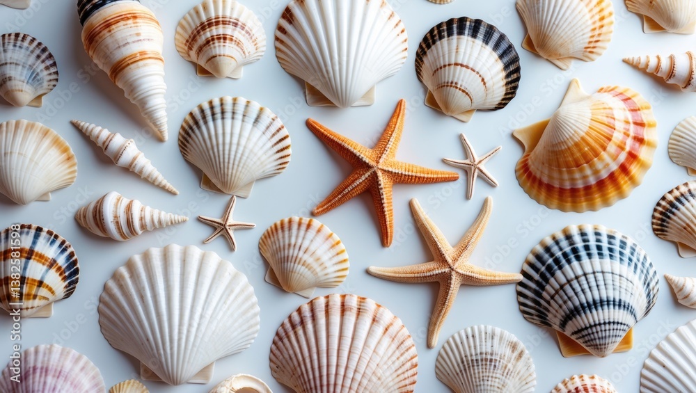 Collection of shells set against a white background Collection of shells set against a white background