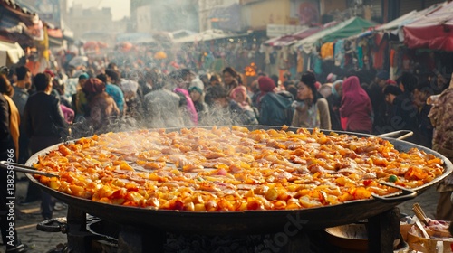 Outdoor market with giant pan of food cooking, crowd in the background