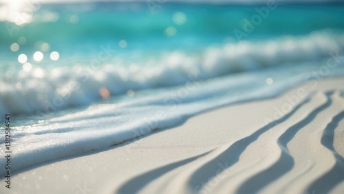 Fototapeta Naklejka Na Ścianę i Meble -  Panoramic view of a stunning white sand beach alongside turquoise water. Summer beach holiday background. Sea waves on the sandy shore.