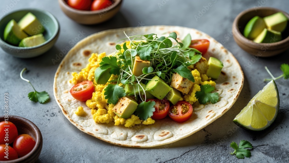 Scrambled Tofu Tacos topped with avocado, tomatoes, and green herbs. Healthy Vegan Breakfast. Scrambled Tofu Tacos topped with avocado, tomatoes, and green herbs. Healthy Vegan Breakfast.