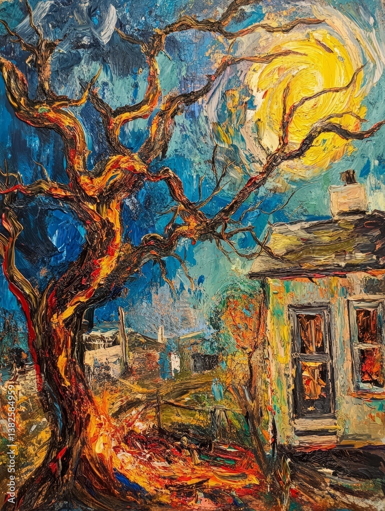 Fototapeta premium Painting of a tree and house under a yellow moon