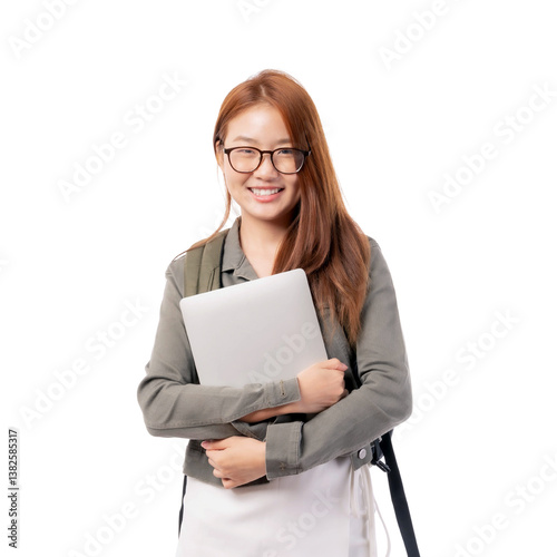 Portrait of a beautiful young woman student holding textbook  - studying online e-learning system , isolated on a transparent background