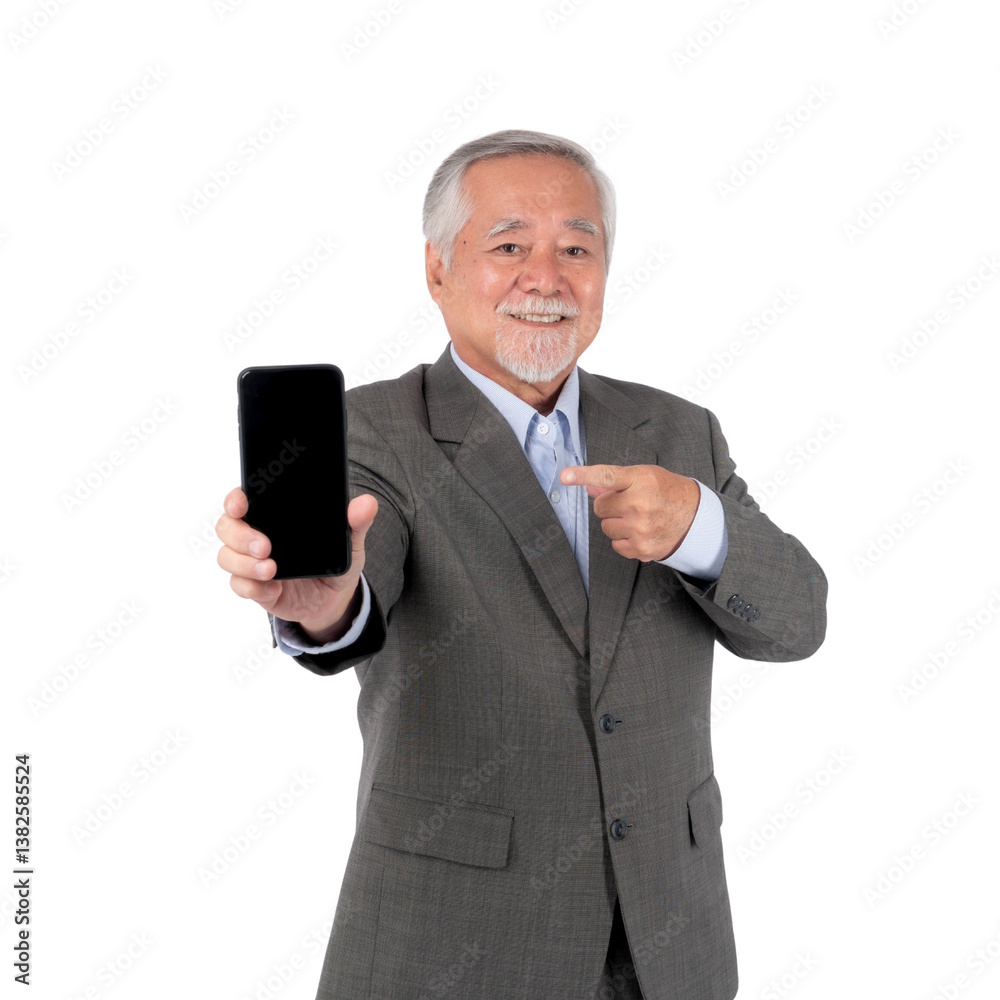 Senior Asian Man Smiling and Pointing at a Smartphone with Black Screen, Wearing a Formal Suit and Light Blue Shirt, isolated on a transparent background, Ideal Business, Technology, App Promotions Senior Asian Man Smiling and Pointing at a Smartphone with Black Screen, Wearing a Formal Suit and Light Blue Shirt, isolated on a transparent background, Ideal Business, Technology, App Promotions