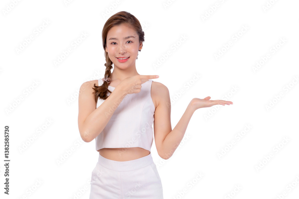 Beautiful and cheerful Asian woman in a white trendy outfit pointing to an empty space on her open palm for product display or advertisement, smiling confidently, isolated on a transparent background Beautiful and cheerful Asian woman in a white trendy outfit pointing to an empty space on her open palm for product display or advertisement, smiling confidently, isolated on a transparent background