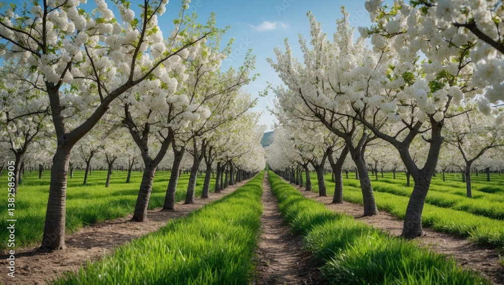 Rows of white blossoming pear trees in fruit orchards showcasing organic farming. Rows of white blossoming pear trees in fruit orchards showcasing organic farming.
