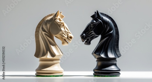 Opposing chess pieces - Black knight against White knight isolated profile on a white background - conceptual abstract symbolizing duality, conflict & competition in life.