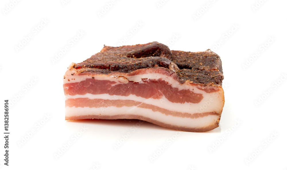 Cured carbonara pork isolated, raw smoked bacon, streaky brisket on white background Cured carbonara pork isolated, raw smoked bacon, streaky brisket on white background