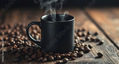 Aromatic Brew: A steaming black mug of coffee sits on a bed of rich, roasted coffee beans, the warm glow illuminating the rustic wooden table, exuding warmth and inviting the senses.