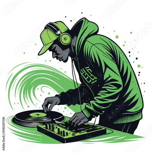 Create a vector illustration of a DJ wearing headphones, utilizing bold, impactful strokes and vibrant colors.  The style should be modern and dynamic.