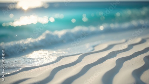 Fototapeta Naklejka Na Ścianę i Meble -  Panorama of a stunning white sand beach and turquoise waters. Summer holiday beach backdrop. Sea waves on the sandy shore.