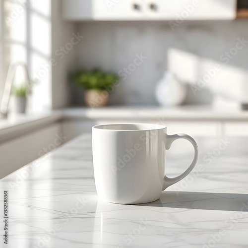 Morning Coffee in Kitchen: A clean white mug sits on a bright kitchen countertop. the scene evokes a sense of calm and everyday simplicity.