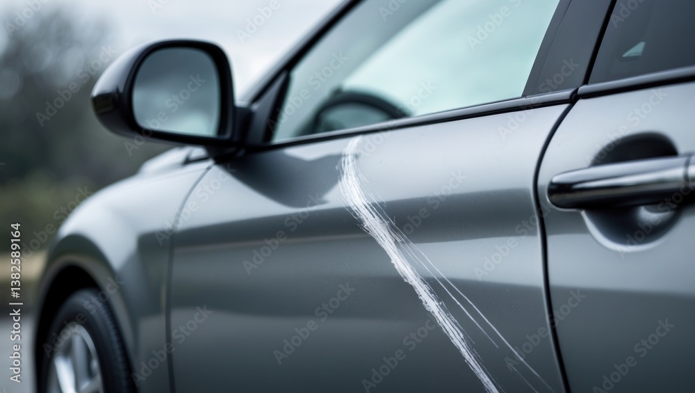 Fototapeta premium Scratched car exterior with door handle and tire blurred in the background